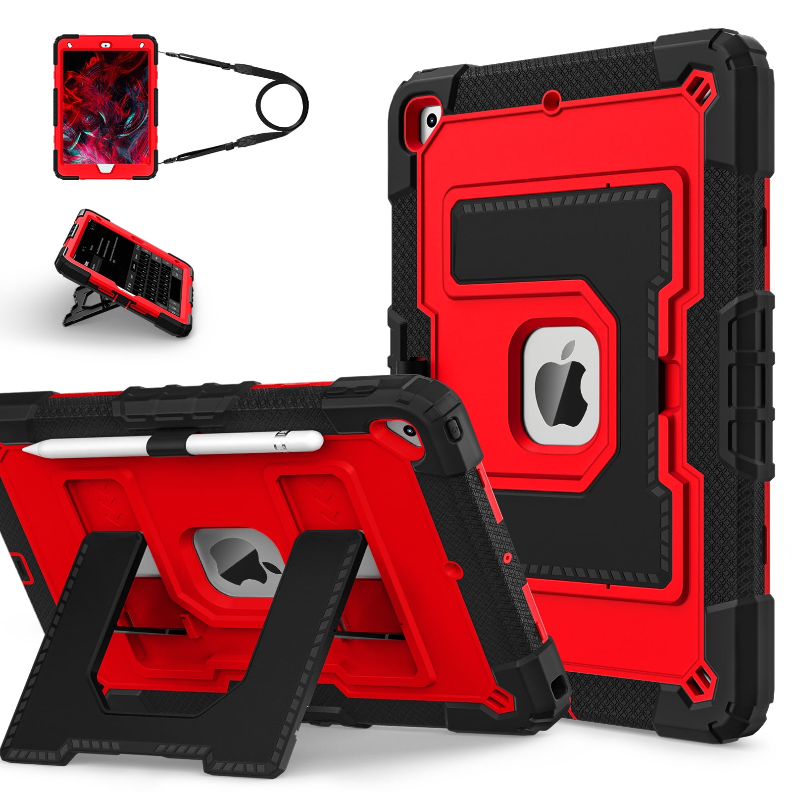 ELEHOLD 3-Layer Rugged Case For Apple iPad 9th/8th/7th Generation Heavy Duty Shockproof Cover, [Drop Protection], [Logo Visible], With Kickstand & Pencil Holder & Shoulder Strap, Black+Red