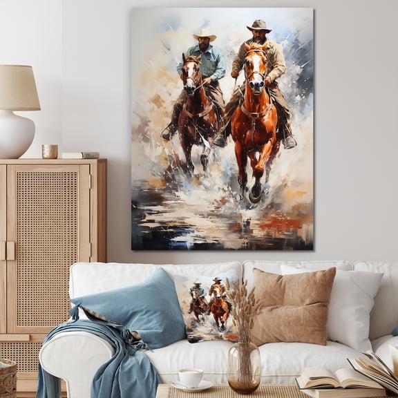 Designart "Vintage Rodeo Western Riders I" People Canvas Wall Art - Southwestern Brown Cowboys Entryway Wall Art