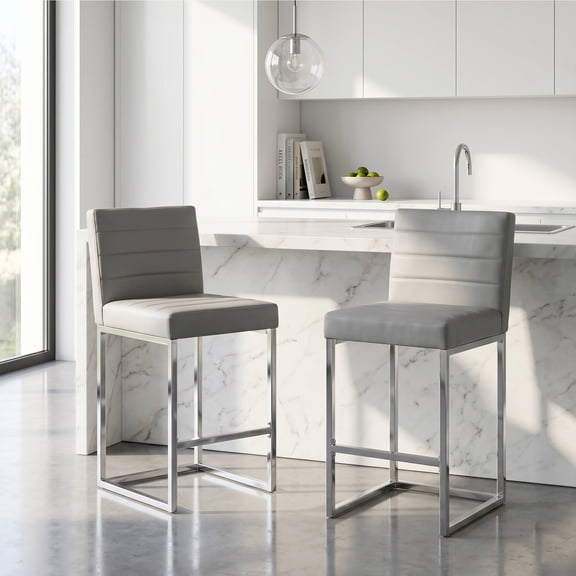 LUFTUT Set of 2 Counter Height Bar Stools, 25.6" Faux Leather Upholstered Kitchen Island Chairs with Backs, Metal Frame Bar Chairs for Dining Room Home Bar，Light Grey