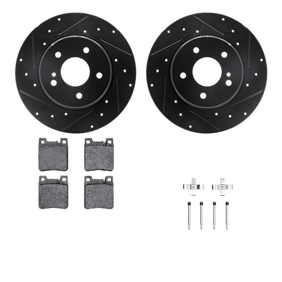 Dynamic Friction Company Rear Brake Rotors-Drilled and Slotted-Black with 5000 Euro Ceramic Brake Pads includes Hardware 8612-63050