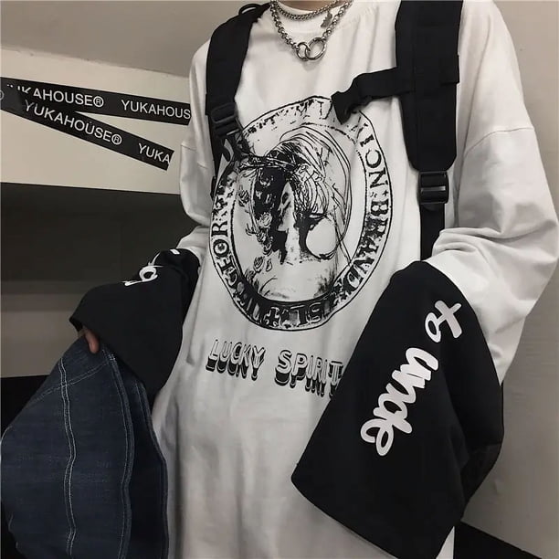 Camiseta de manga larga para hombre, camisa de gran tamaño con estampado de Cruz de espinas, Maleta, Hip-hop oscuro, Y2k, Verano