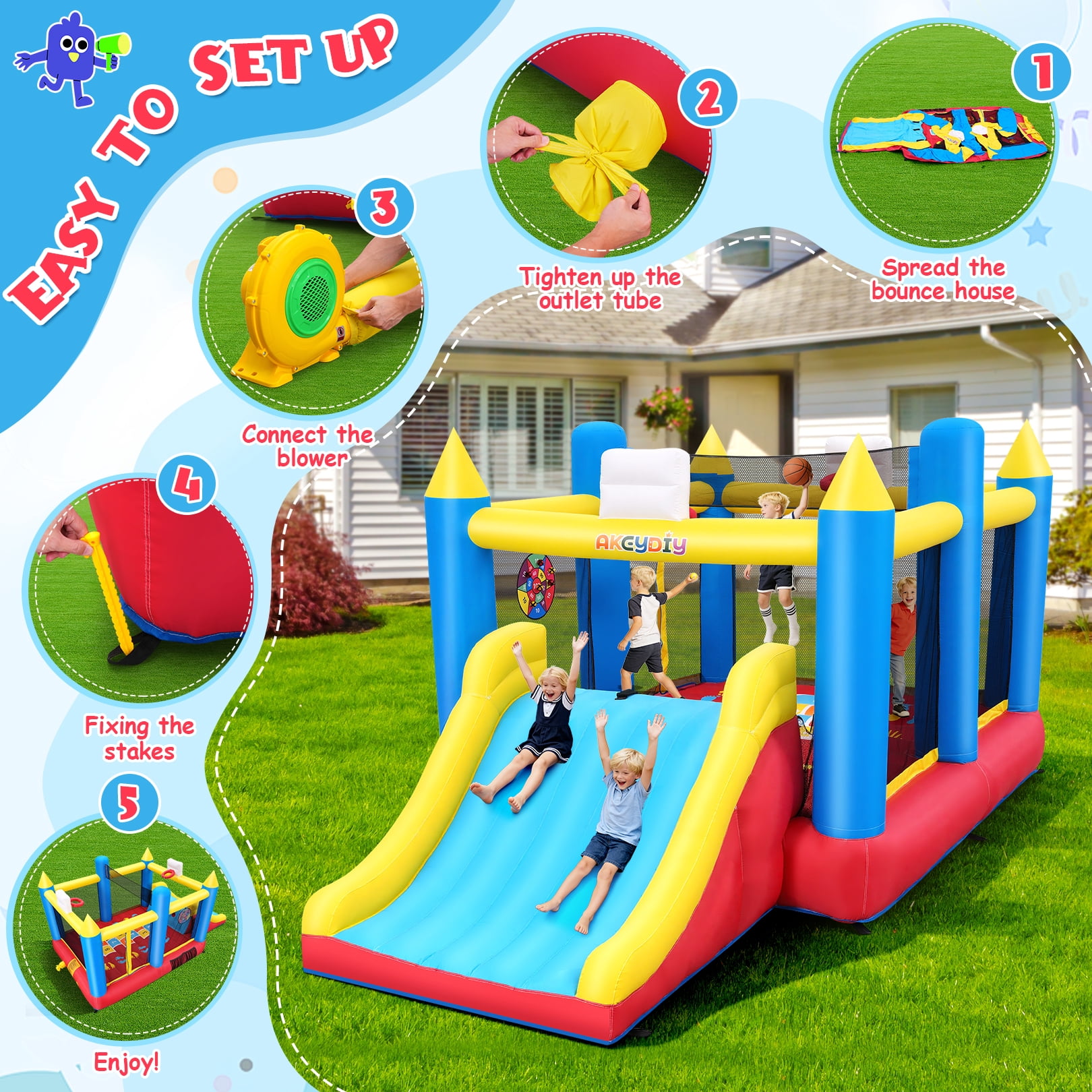 Adnoom Inflatable Bounce House for Big Kids 3~12, 15'x8' Large Bouncy House with 480w Blower, Indoor outdoor Commercial Jumping Castle with Wide Slide&2 Basketball Hoop for Party Backyard