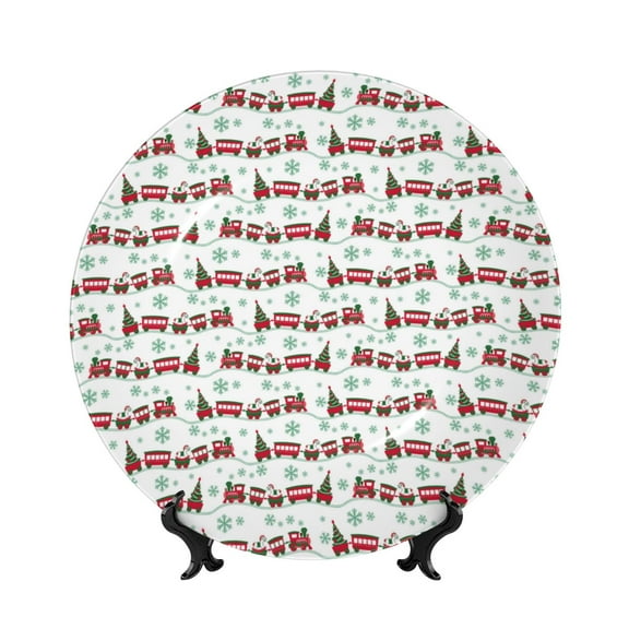 Easygdp Christmas Train Bone China Decorative Plate Ceramic Dinner Plates Art Crafts with Display Stand-6in