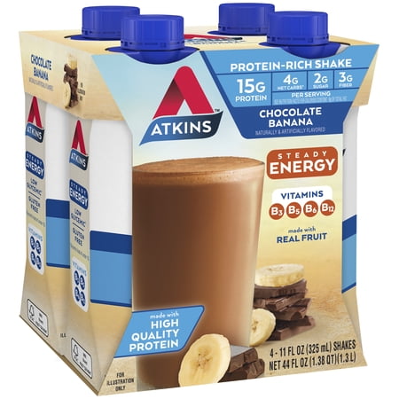 ATKINS CHOCOLATE BANANA PROTEIN SHAKE, HIGH PROTEIN, LOW GLYCEMIC, LOW CARB, LOW SUGAR, KETO FRIENDLY, 4 COUNT