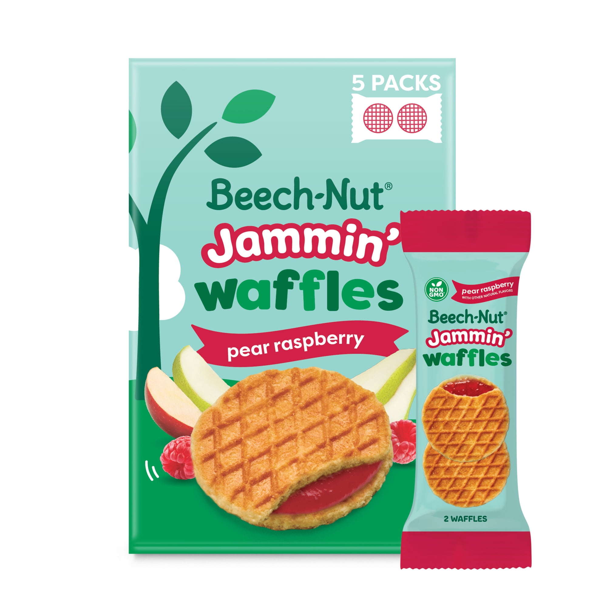 Beech-Nut Jammin' Waffles with Pear Raspberry Fruit Filling Toddler Snack, 5 Count
