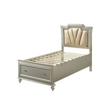 Benjara Full Bed with 1 Drawer and Padded Headboard, Champagne Gold