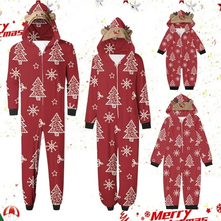 

Lovskoo 2024 Family Christmas Pajamas Matching Sets Onesie Deer Hooded Parent-Child Suit Printed Home Wear Pajamas Jumpsuit Wear Baby Red