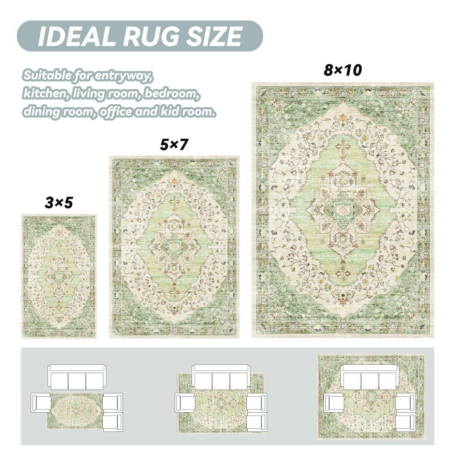 VUNATE 3'x5' Rugs for Living Room Washable Rugs Floral Vintage Area Rug Botanical Indoor Carpet Soft Rugs for Bedroom Office Entryway Kitchen Laundry Room Accent Rug Contemporary Home Decor Green