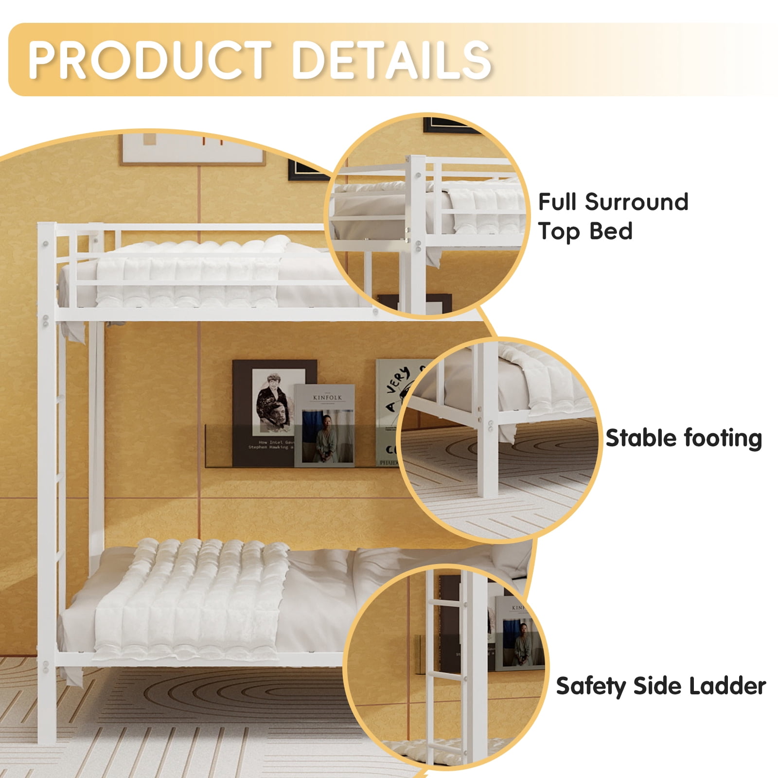 Leumius Queen over Queen Metal Bunk Bed,Heavy-Duty Steel Frame with Ladder & Safety Guardrails for Adults,White