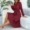 thumbnail image 5 of Women's Dress Long Sleeve Lapel Collar Solid Color Waist Defining Pleated Skirt Midi Dress for Spring Fall,Wine,M, 5 of 8