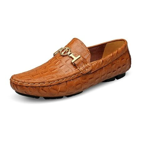 Mens Leather Loafers Slip-Ons Casual Driving Flat Walking Moccasin Business Boat Shoes Fashion Slipper Wedding 10.5 Brown