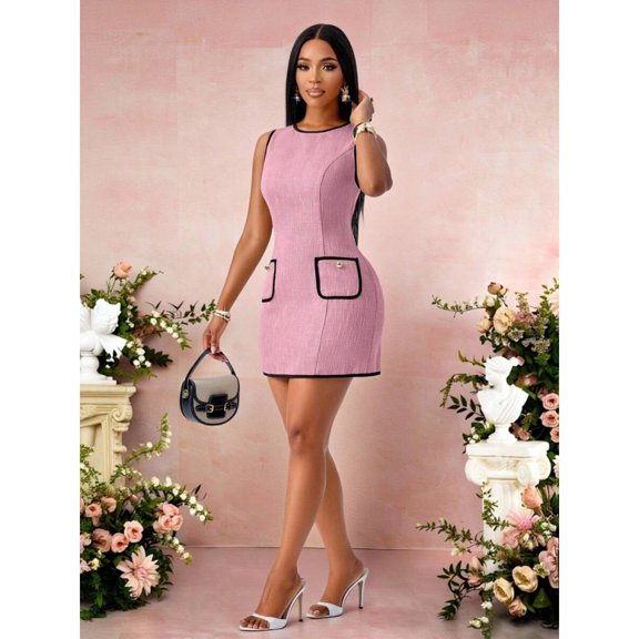Pink Tweed Sleeveless Round Neck Mini Dress With Contrasting Black Trim For Elegant Occasions