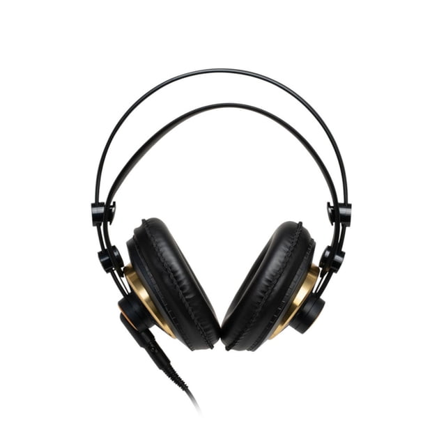 akg audífonos de estudio k240 akg akg k240 studio audífonos supraaurales semiabiertos negros, vista frontal centrada con copas acolchadas y diadema autoajustable; transductores XXL de 30 mm y cable de 3 m visible, carcasas con anillo dorado sobre fondo blanco. Suelen usarse para mezcla y monitoreo en estudio.