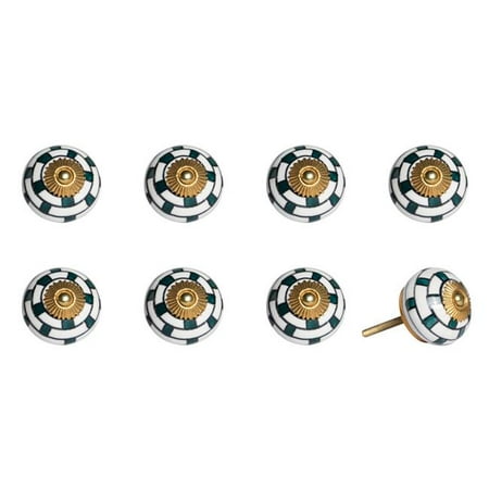Knob-it 676685031242 Vintage Hand Painted Ceramic Knob Set - White & Teal - Pack of 8