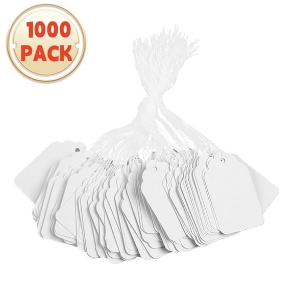 Bopika Price Tag Sticker with Hanging Strings for Jewelry, Clothing, and Gifts, 1000 Pcs White