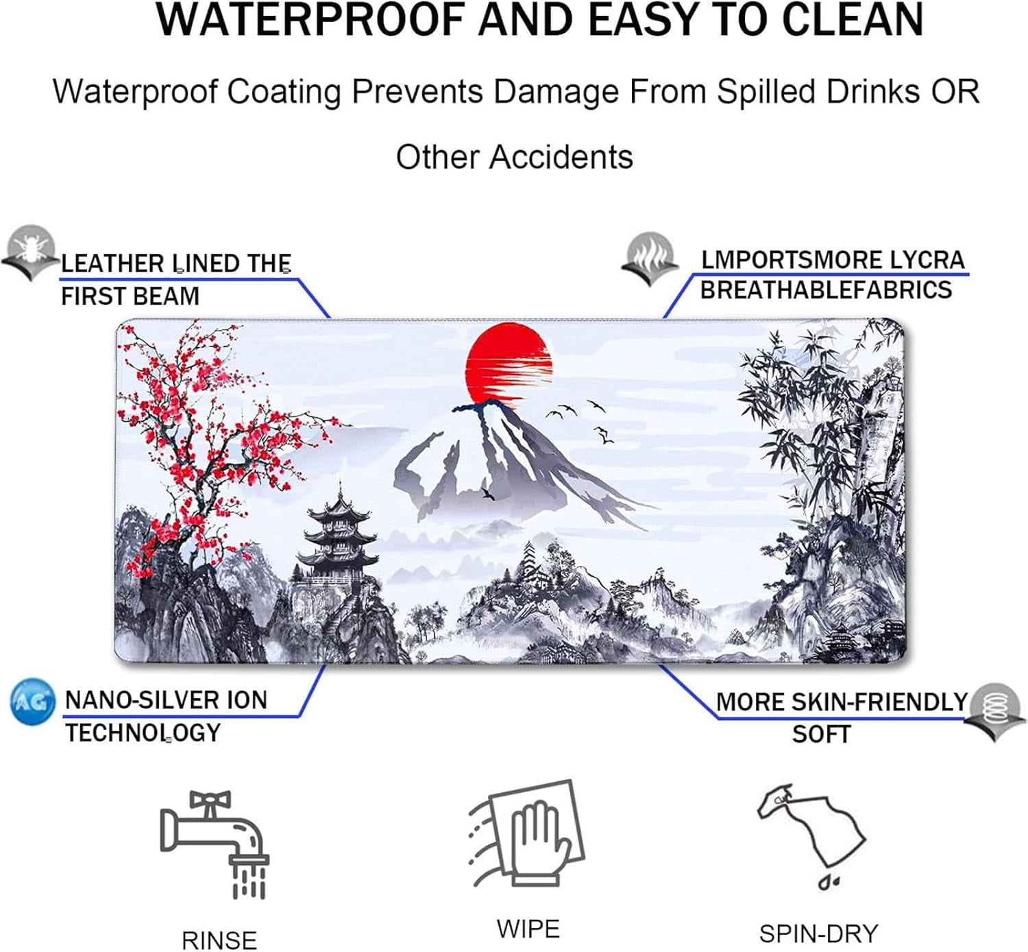 Gaming Mouse Pad Ink Pattern, 31.5x15.7 Inch Waterproof Computer Big Mousepad Non-Slip Mouse Mat Rubber Base and Stitched Edges for Game Players, Office, Study, Esports Pros, Home