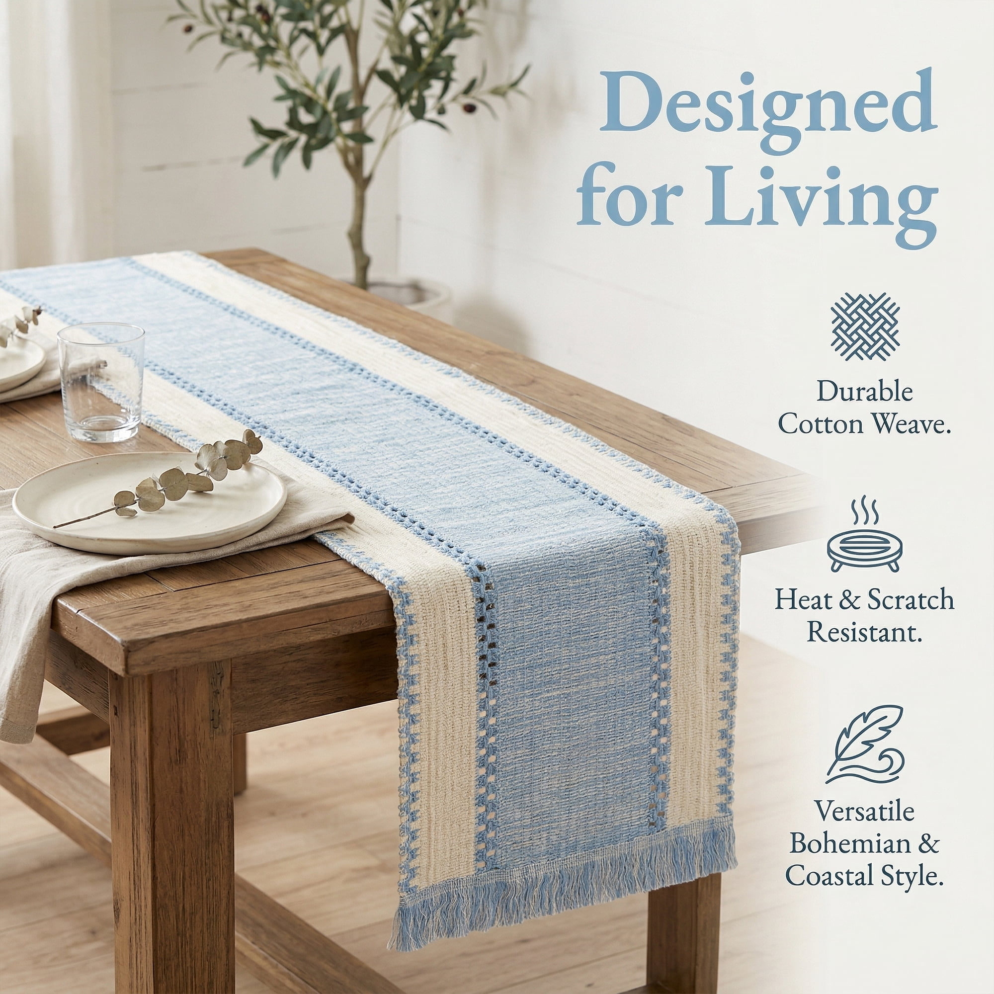 Unique Bargains Decorations Long Kitchen Runner with Tassel Light Blue 11.8x70.9in