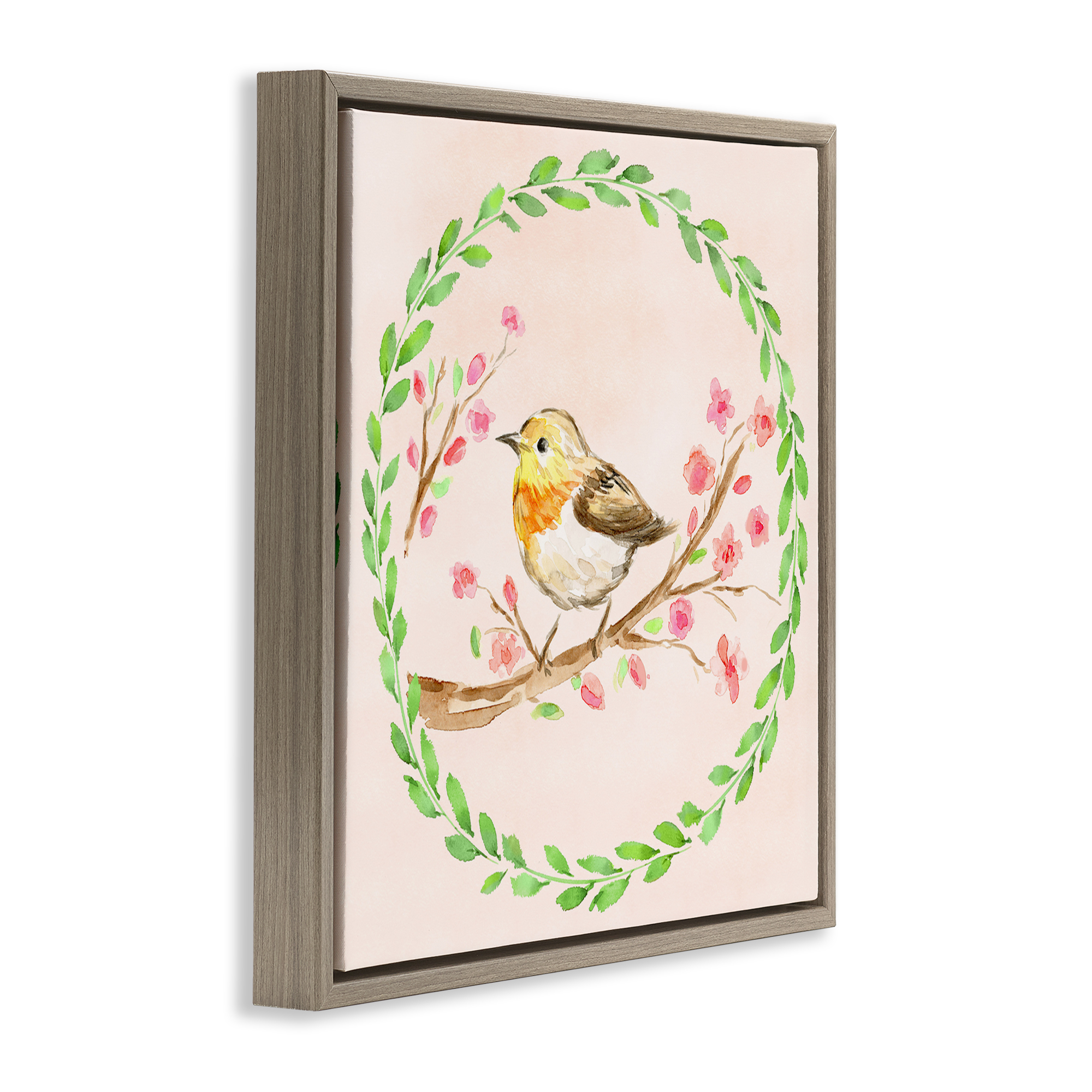 Spring Wreaths Bird Brown Framed Floater Canvas Wall Art, design by Elena Fay