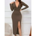 thumbnail image 6 of Women Deep V Neck Long Sleeve Slit Fall Elegant Formal Wedding Guest Cocktail Evening Date Prom Maxi Long Dress Brown L, 6 of 9