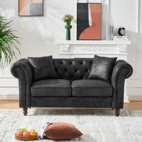 66" Tech Fabric Comfy Deep Seat Loveseat, Sofa Loveseat with Chesterfield Style, Love Seat Sofa with Roll Armrest for Living Room, Black