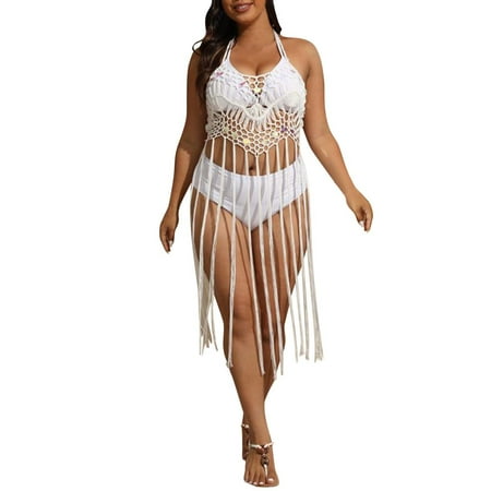 VBARHMQRT Female Swimsuit Cover up Dress Long Plus Size Sequin Splicing Pure Hand Hook Suspender Skirt Vacation Long Tassel Bikini Cover up White Cover up for Swimsuits Beach Cover up Skirt Long