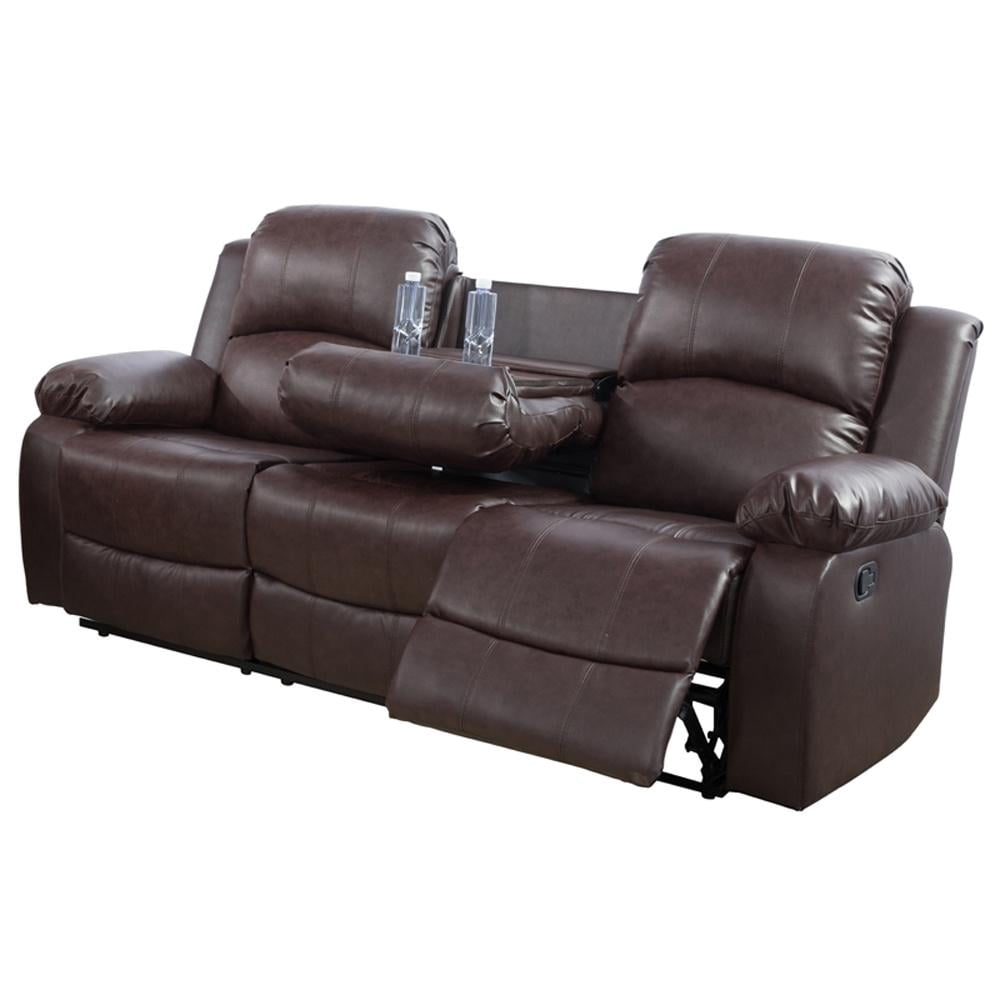 Gewnee Breathing leather Upholstered Manual Reclining Sofa with 3 Recliners and Cup Holders,Dark Coffee