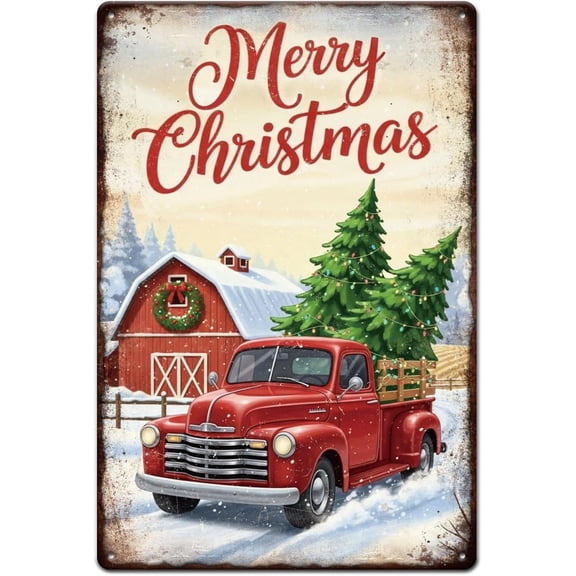 Christmas Truck Metal Tin Sign 8x12in "Merry Christmas" Vintage Painting Tin Signs Wall Poster Plaque for Living Room Fireplace Office Desk Bedroom Coffee Table Party Garage