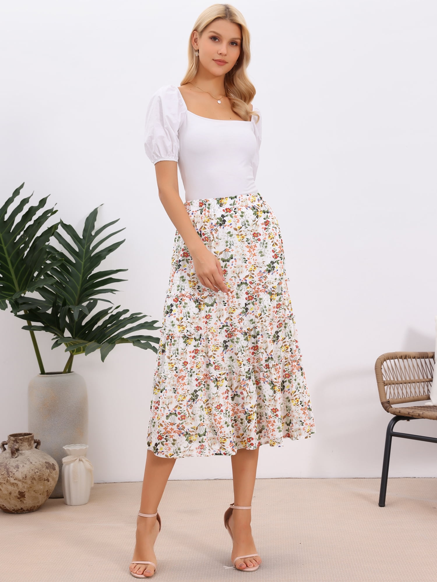 DARING DIVA Women's Floral Chiffon A-line Long Tiered Ruffle Maxi Skirt M Beige-1