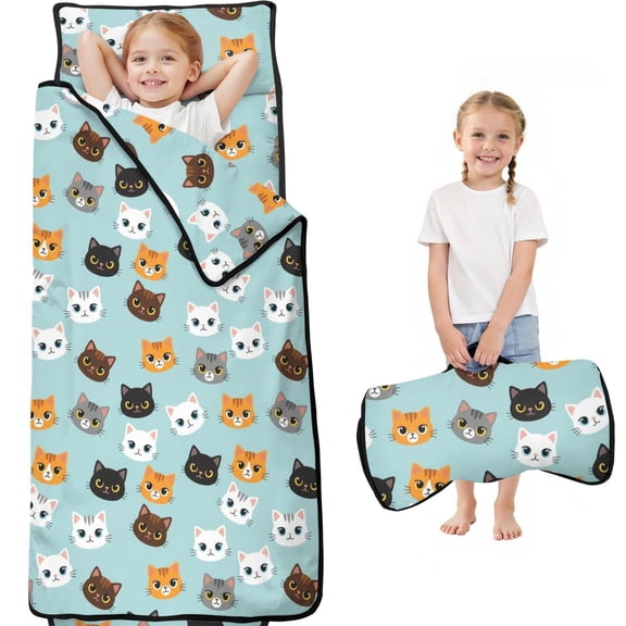 Multicolor Cat Head Blue Pattern Teens Toddler Nap Mat with Pillow, Sleeping Mat Bag for Preschool Daycare 59"x22"