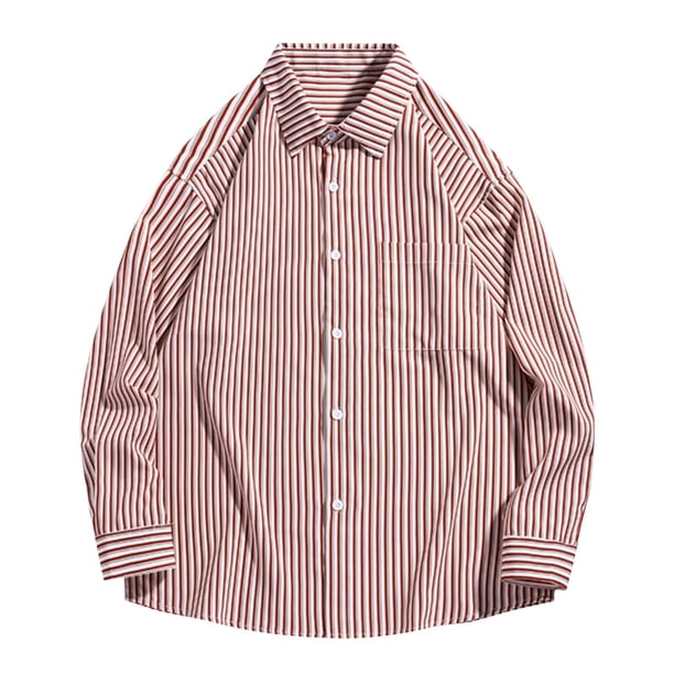 pstuiky Camisas de invierno de manga larga para hombre, Camisa de manga larga con cuello vuelto, rayas y botones para hombre salir tops xl