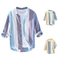 thumbnail image 5 of Lovskoo Mens Button Down Short Sleeve Shirt Cotton and Linen Collared Casual Color Block Stripe Lapel Blouse Blue, 5 of 5
