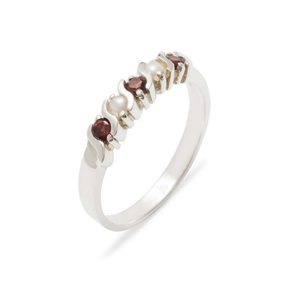 LBG British Made 925 Sterling Silver Natural Garnet & Cultured Pearl Womens Eternity Ring - 33 size options - Sizes 4 to 12 Available