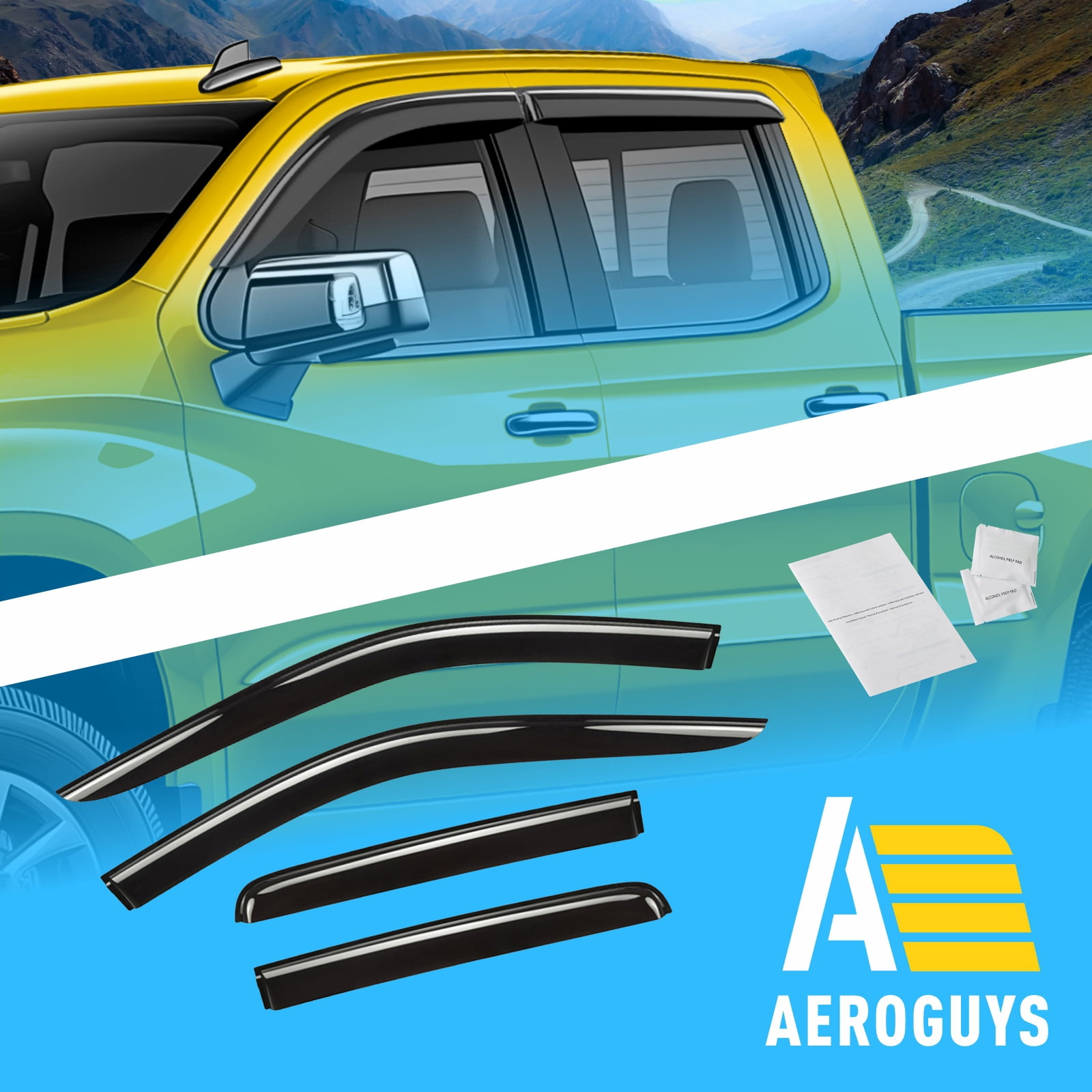 AEROGUYS Tape-On Window Deflectors Extra Durable Window Visors Rain Guards Fit for Chevrolet (Chevy) Silverado 1500 2019-2026 Double Cab, Sun Visors,Wind Vent Visors,Truck Accessories - 4 pcs. AG0024