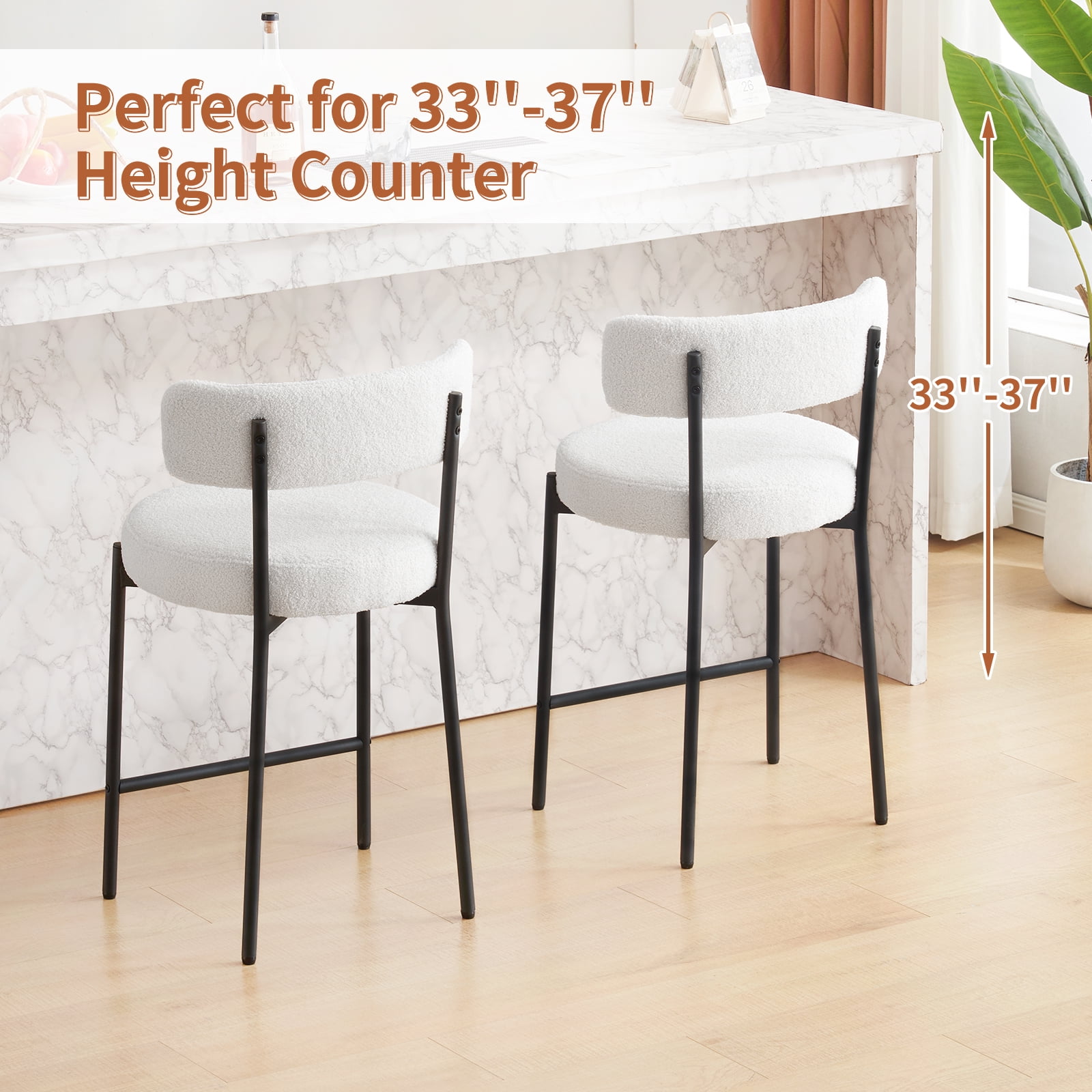 Furniliving Bar Stools Set of 2, Modern Counter Height Bar Stools with Back, Upholstered Bar Height Barstools for Kitchen Counter/Home Bar/Dining Room, White