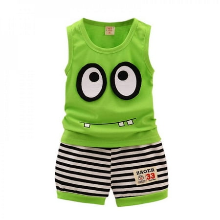 

Promotion!Summer Kid Clothes Set Cartoon Style Baby Boy/Girls Vest+ Stripe Shorts 2pcs Clothing Set Children Sport Suit