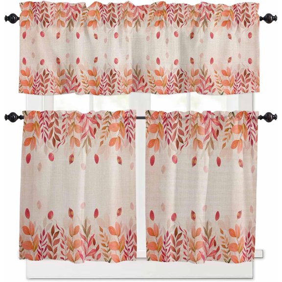 Kitchen Curtains Set, Red Pink Botanical Kitchen Curtains and Valances Set, Rustic Eucalyptus Leaves Burlap Rod Pocket Tier Curtains 24 Inch Length for Cafe/Bedroom Windows