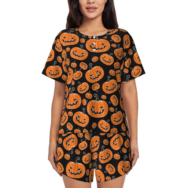 Fotbe Halloween Pumpkins Conjunto de Pijama Estampado para Mujer, 2 Piezas, Ropa de Dormir con Camiseta de Manga Corta y Shorts Suaves-Large
