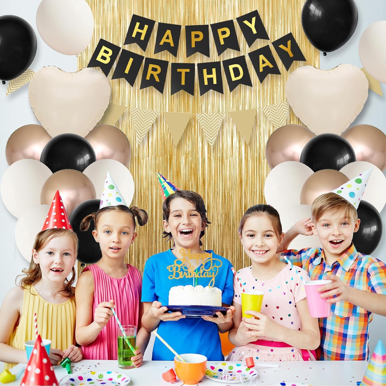 Black Gold Birthday Decorations,Party Decorations with Sand White Champagne Gold Balloon Heart Balloons Happy Birthday Banner Fringe Curtain for Women Men  Baby Shower Birthday Party Decor