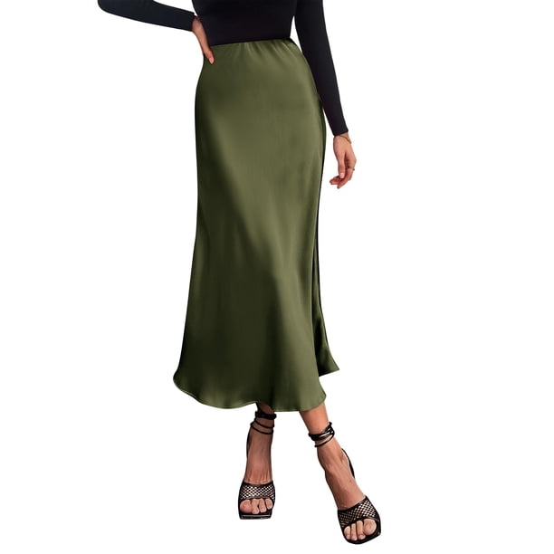Falda PRETTYGARDEN Midi Satinada de Cintura Alta Corte A Línea XL