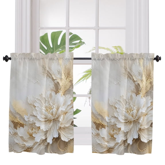White Floral 2 Panel Kitchen Curtains for Windows, Modern Abstact Oil Painting Flower Cream Gold Bathroom Privacy Curtain, Home Décor Window Treatment for Bedroom/Living Room 55"x45"