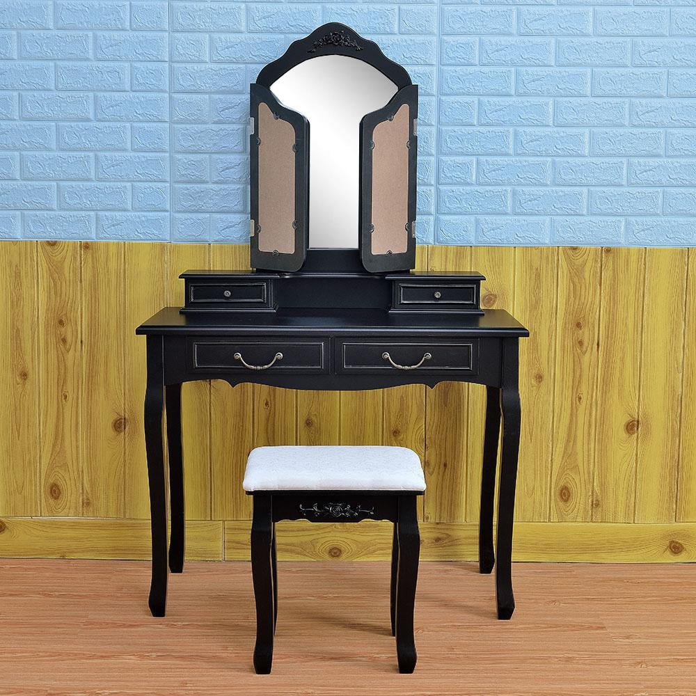 Black Trifold Mirror Dresser with Dressing Stool, Vintage Makeup Vanity Dressing Table and 4
