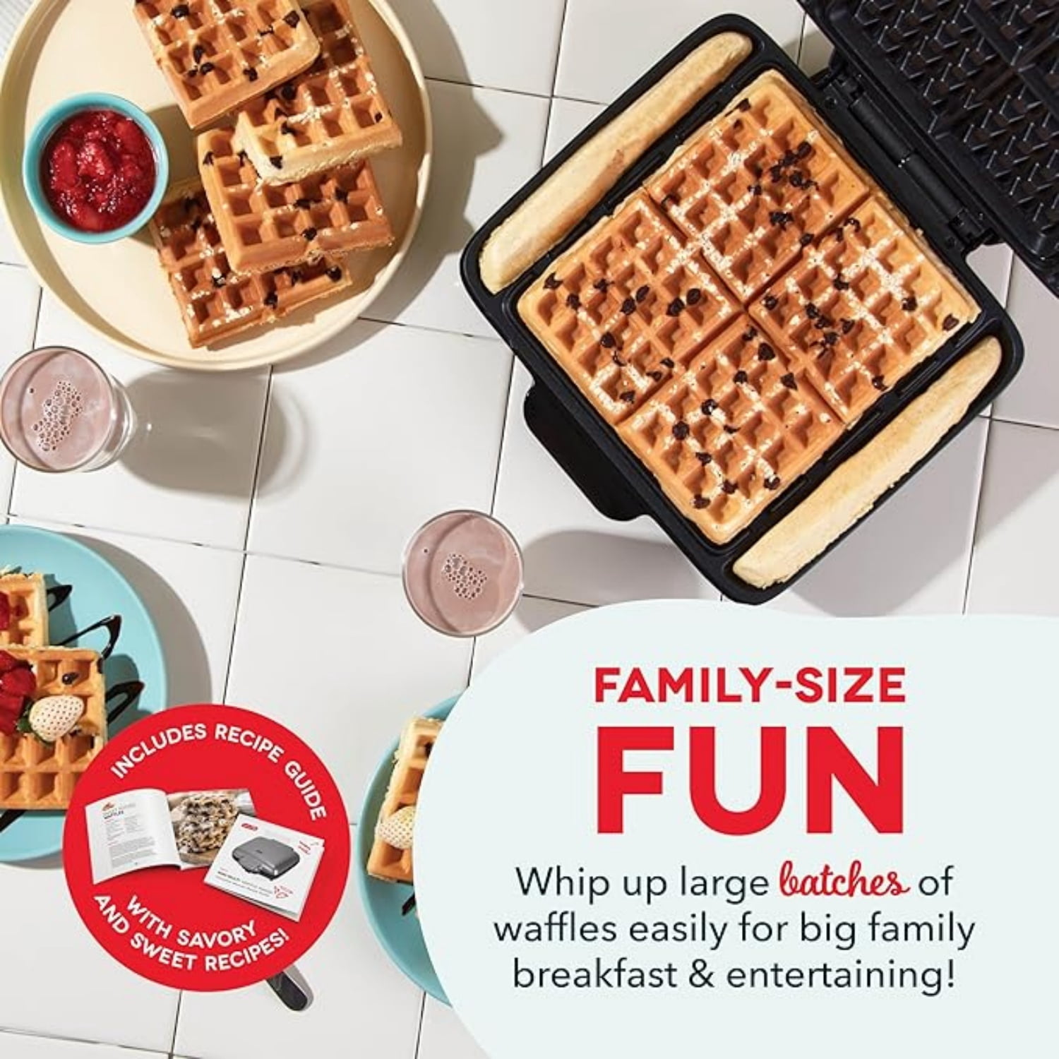 No-Drip Waffle Maker - Makes Four Waffles at Once for Hassle-Free Breakfasts - Dual Nonstick Heating Plates & Quick Heat-Up System - Easy-Release Surface - Silver
