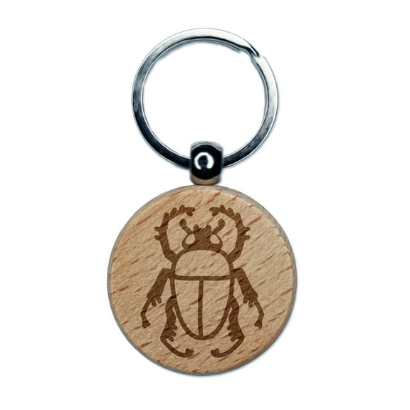 Scarab Beetle Round Keychain Charm Tag - Engraved Wood