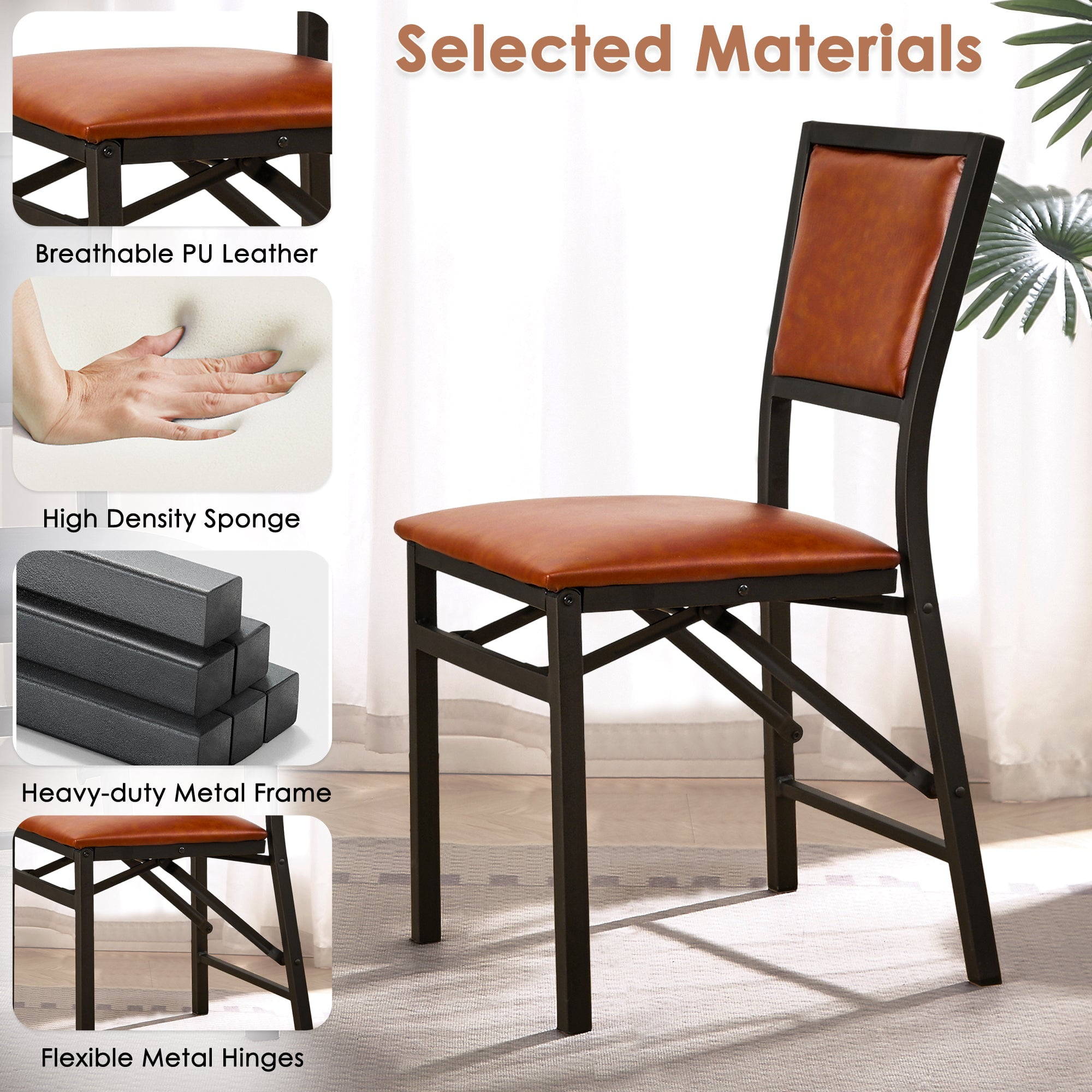 VECELO Set of 6 Metal Folding Chairs, High Back PU Upholstered Dining Chairs with Metal Frame, Modern Style Folding Chairs for Kitchen, Dining Room, Space Saving Design, Brown