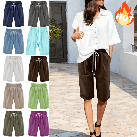 Mifsaly Linen Bermuda Shorts for Women Knee Length Summer Casual Shorts with Pockets Lightweight Loose Relaxed Fit Beach Vacation Clothes Brown,S
