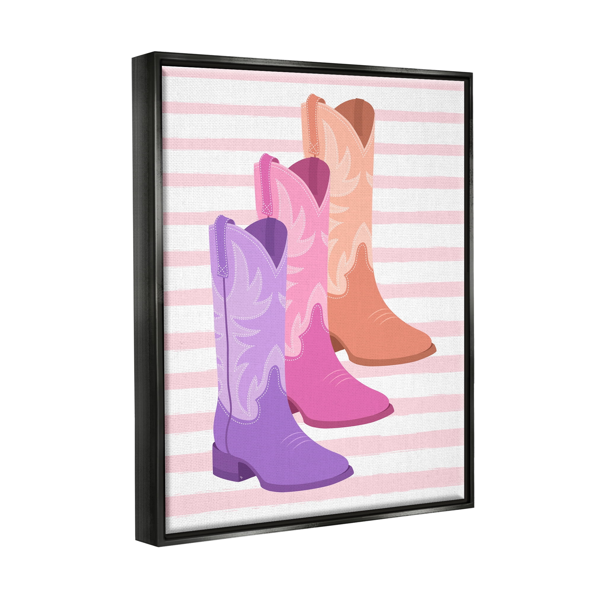 Stupell Industries Striped Pastel Cowgirl Boots Beauty & Fashion Painting Black Floater Framed Canvas Art Print Wall Art, 17 x 21