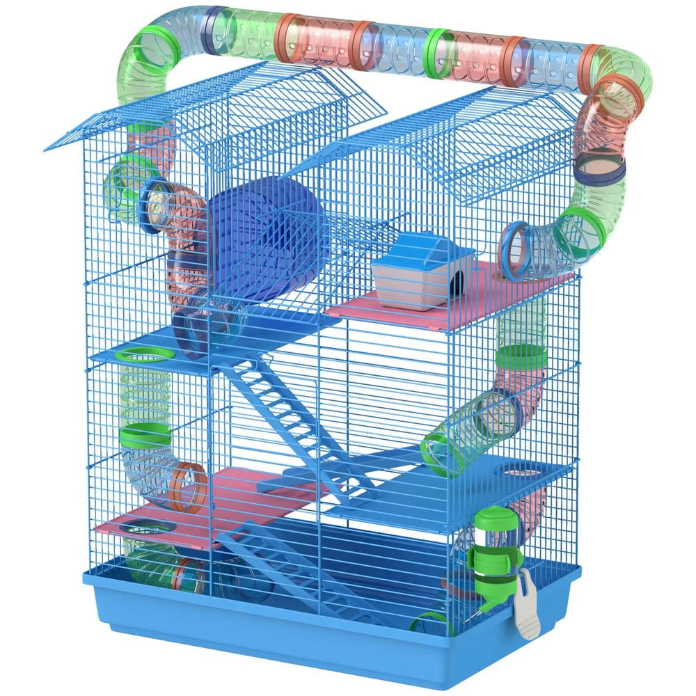 GVN Hamster Cage, Small Hamster Habitat,5 Tier Hamster Cage with Tubes and Tunnels, Rat Gerbil Cage with Water Bottle, Blue