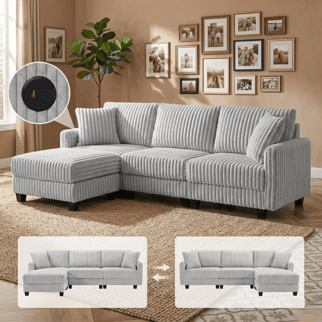 Howcool Cloud Couch Modular Sectional Sofa 3 Seat 100" L Shaped Convertible Couch Corduroy Thick Cushion with Ottoman, Removable & Washable Cover for Living Room，Grey
