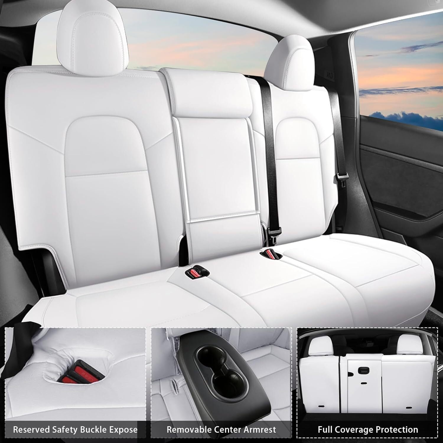 IKABEVEM Car Seat Cover for Tesla Model Y 2023 2024 - Full Set Fully Wrapped White Seat Covers 5 Seater