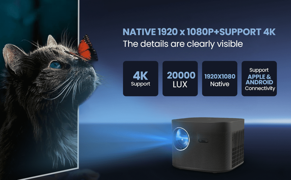 Portable Projector with WiFi and Bluetooth, 4K 1080p Support, Indoor/Outdoor Movie Projector